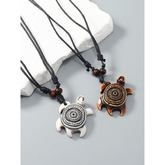 Tribal Surfer Turtle Pendant Necklace Set of 2 Adjustable Cord Brwn White Carved - Picture 1 of 5
